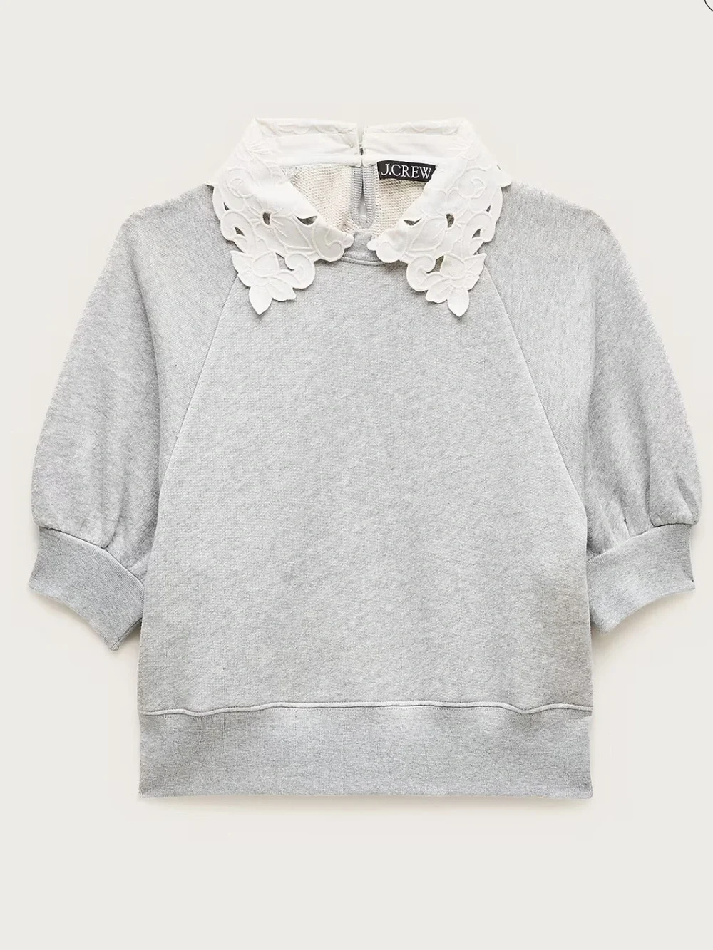 J. Crew Light Gray Puff-Sleeve Sweatshirt with White Floral Collar